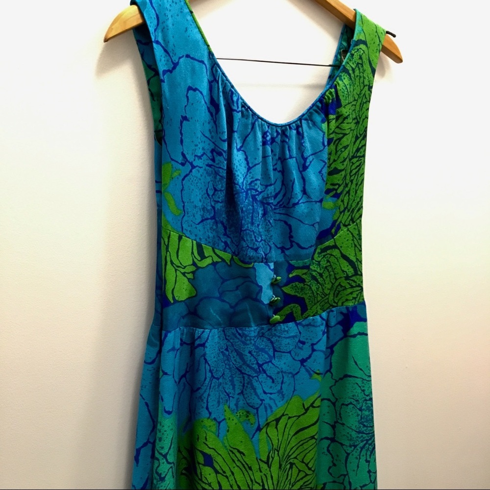Vintage blue/green floral barkcloth maxi dress